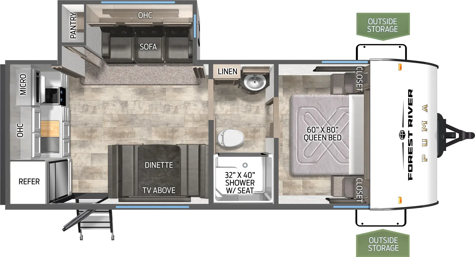 The Puma 227RK floorplan has one entry and one slide out. Exterior features include: metal exterior and 18' awning. Interiors features include: rear kitchen, front bedroom and pass through bathroom.